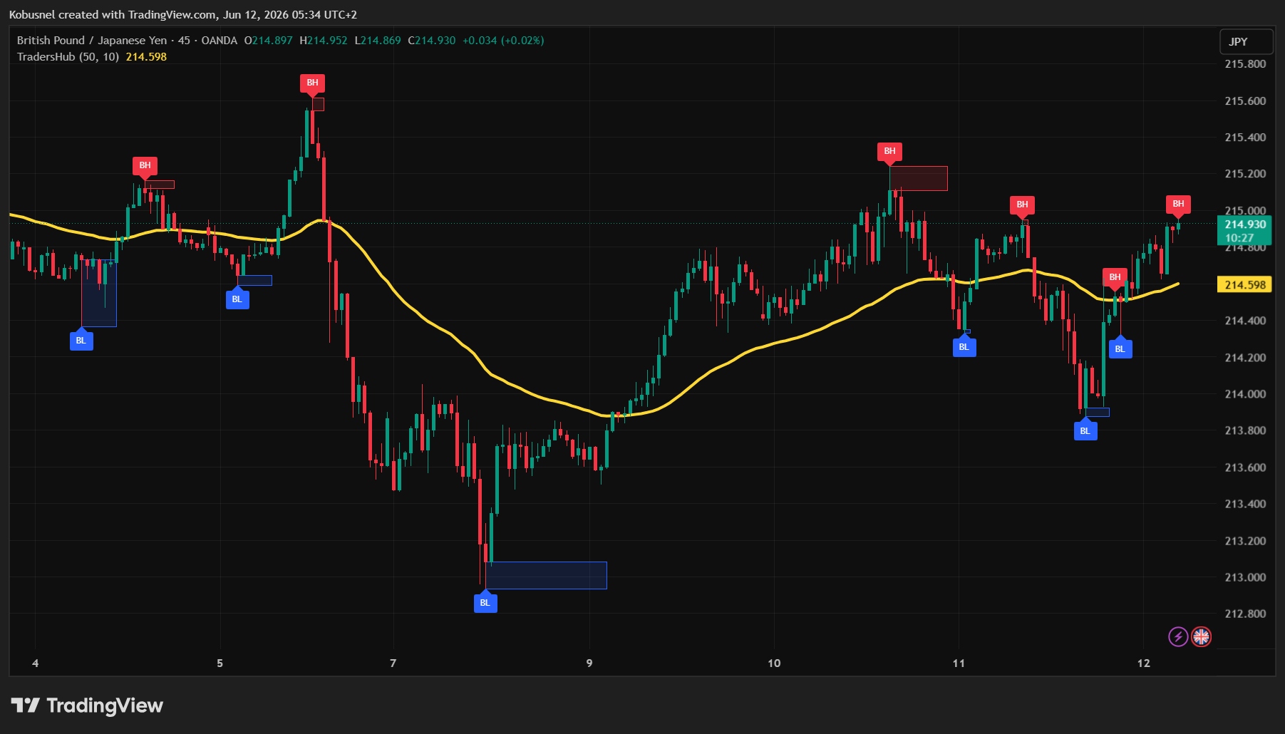 TradersHub Pro on GBPJPY 45-minute chart